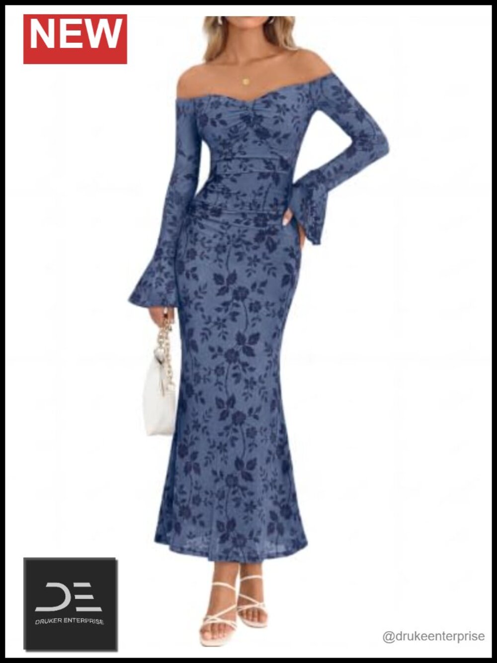 Off Shoulder Bodycon Maxi Dress Long Bell Sleeve Floral Mesh Formal Fall